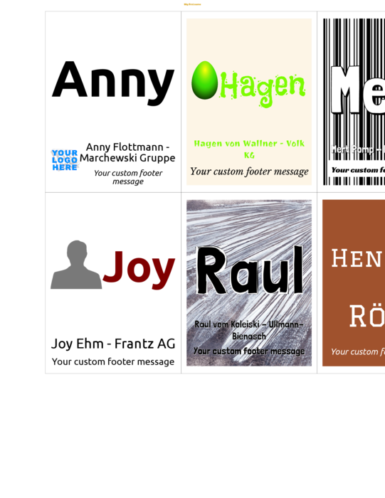 Namensschild-Vorlage für ähnlich wie Avery 5384, Avery 5392, Avery 74459, Avery 74536, Avery 74540, Avery 74541 Namensschilder im Hochformat Compatible Template