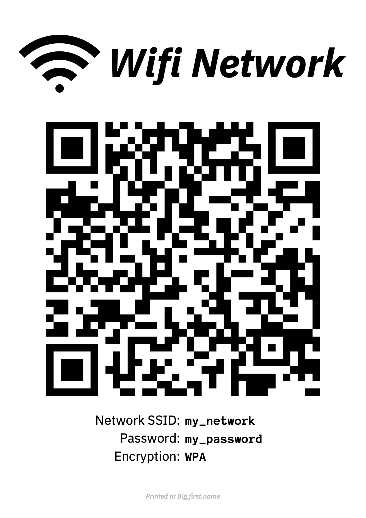 Saga eksplicit Ordsprog Free Wifi Network Password QR Code Poster Maker | Big.first.name